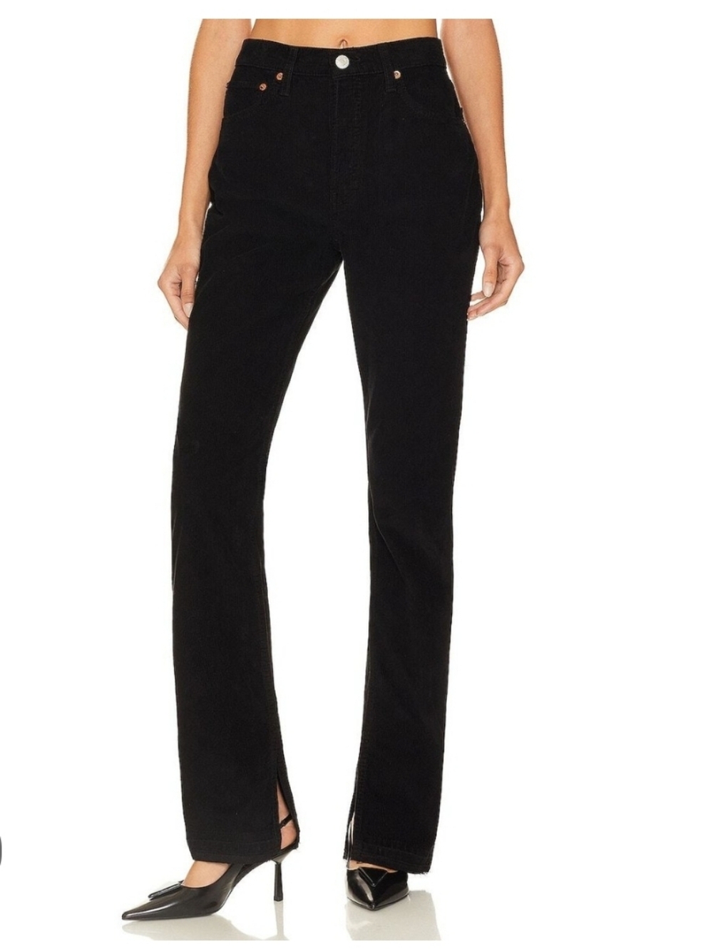 Re/Done Black 70's High-Rise Skinny Bootcut Jeans with Front Slit Hem